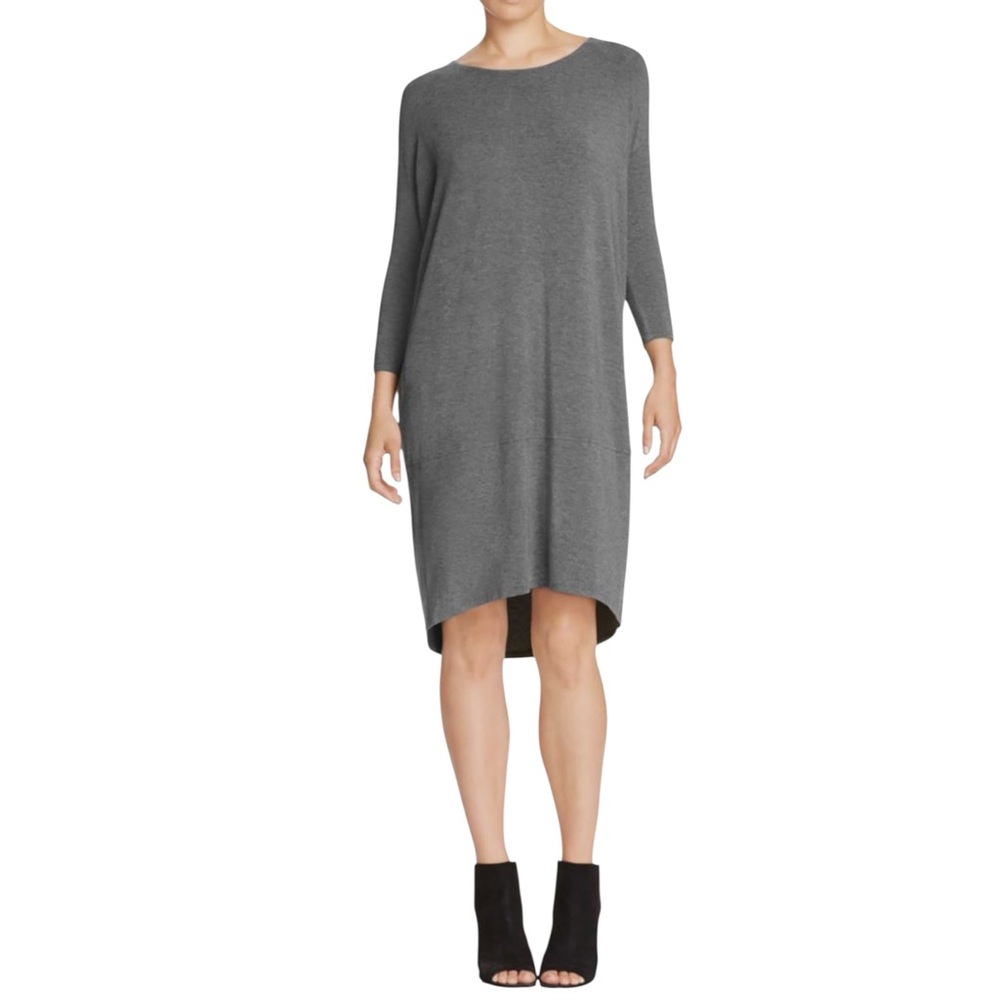 EILEEN FISHER Viscose Jersey Ballet Neck Knee Length 3/4 Sleeve Dress Gray Small